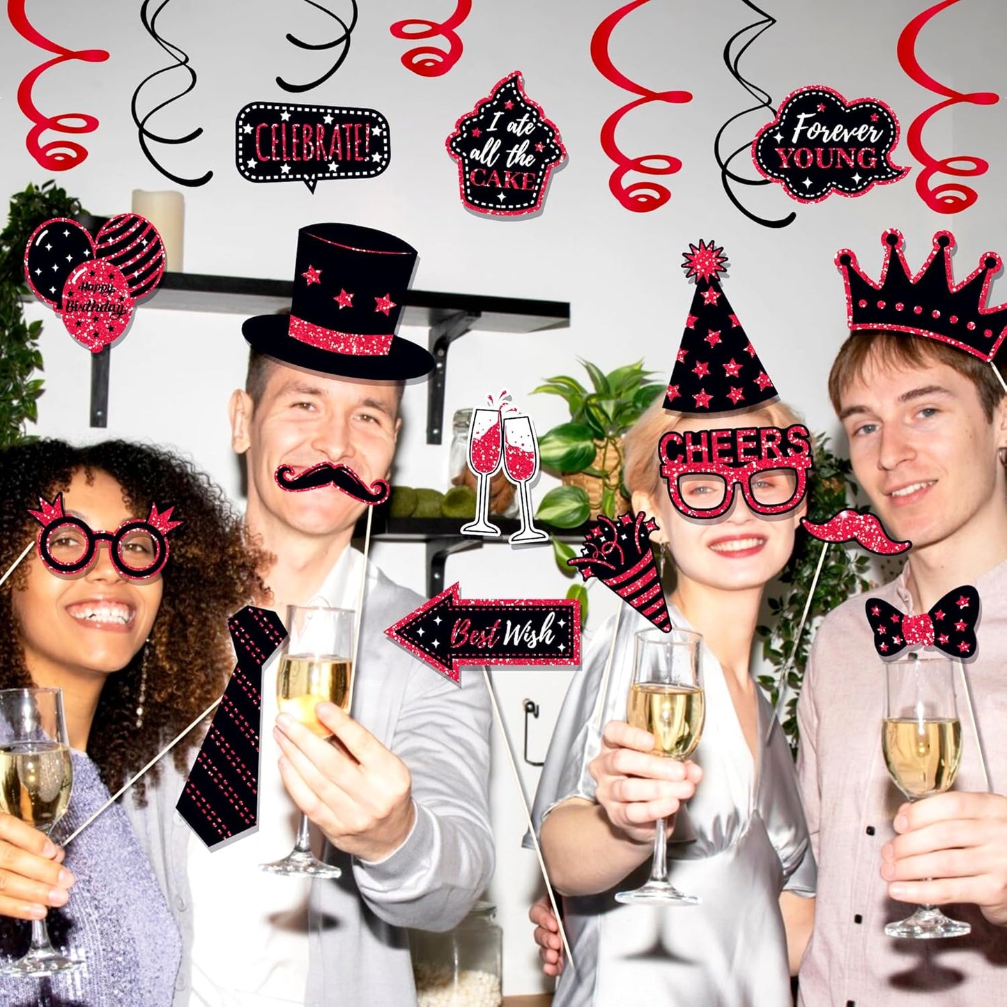 36 PCS Birthday Photo Booth Props Party Supplies Holiday Picture Decorations Photo Booth Props for Birthday Party Favors Pose Sign Kit Fun for Party (Red)