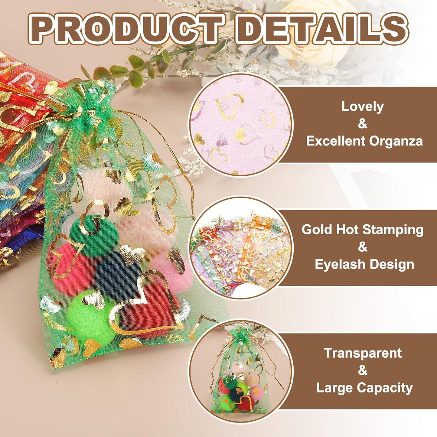 PATIKIL 100 Pcs 4x6 Inch Heart Printed Organza Bags, Pink Sheer Heart Organza Bags with Drawstring for Christmas Candy Jewelry Party Wedding Favor Gift