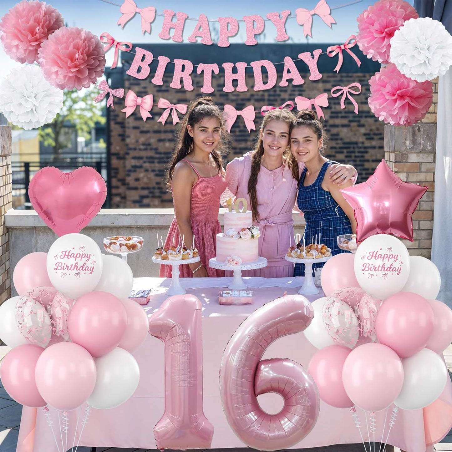 16th Birthday Decorations for Girls Pink Number 16 Balloon Bow Coquette Happy Birthday Banner Fringe Curtain Paper Pom Poms Star Heart Foil Pink White Balloons 16 Year Old Party Decor for Her