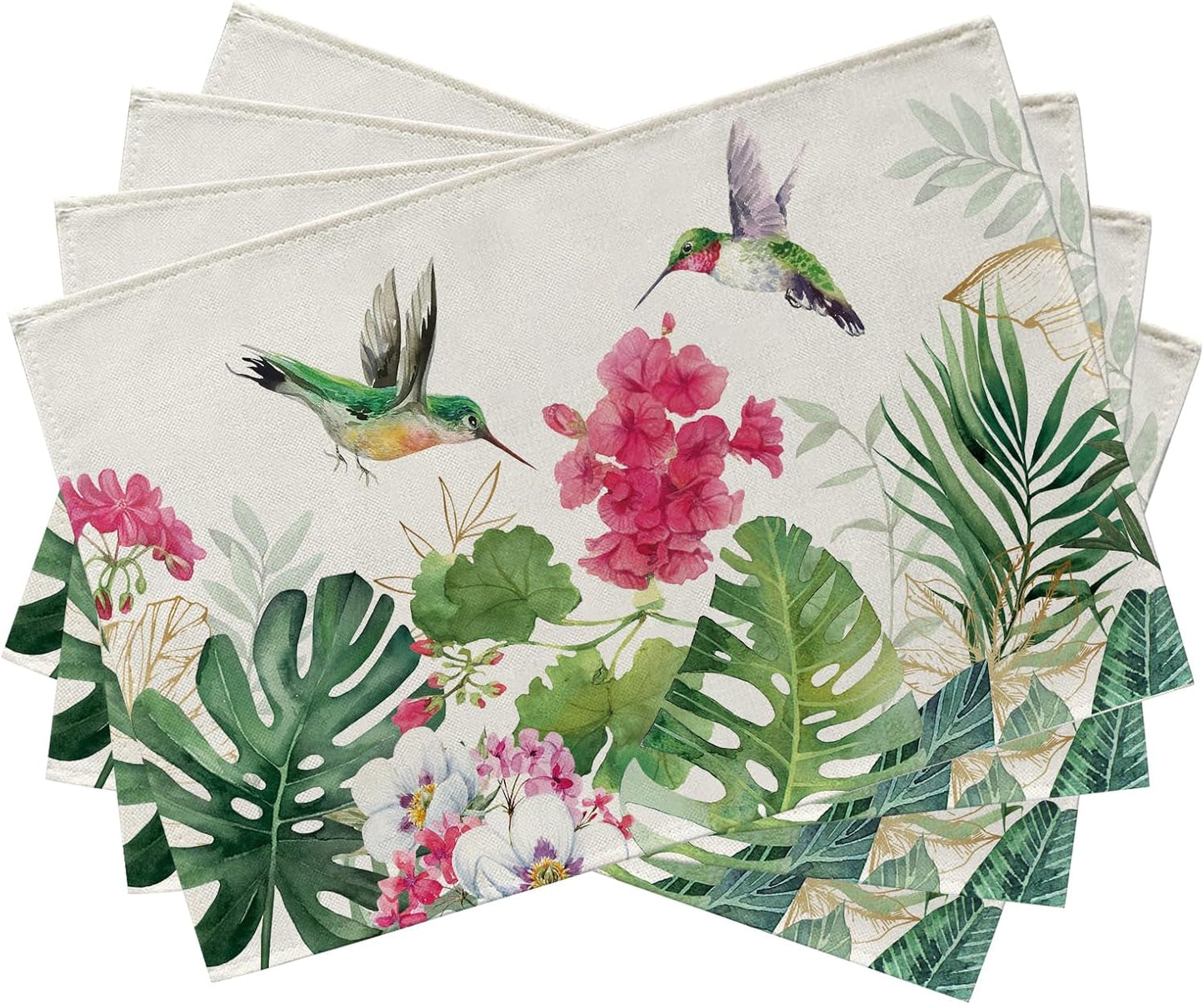 Seliem Spring Summer Geranium Flower Placemats Set of 4, Red Floral Hummingbird Palm Leaves Monstera Dining Table Place Mats, Seasonal Kitchen Decor Home Decoration 12 x 18 Inch