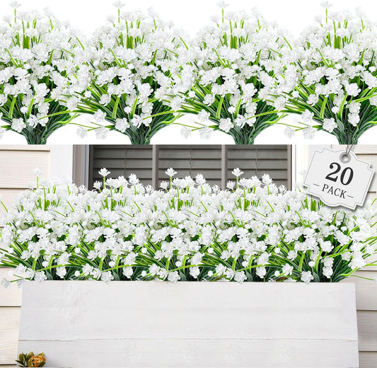 AmyHomie 20 Bundles Artificial Flowers for Outdoor Outside Spring Summer Decoration UV Resistant Faux Flowers No Fade Fake Plastic Plants Garden Porch Window Box Decorating (Pure White)