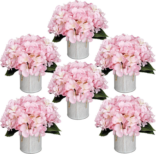 Flower Table Centerpieces - Set of 6 Floral Arrangement Artificial Wedding Hydrangeas Floral Arrangement with Rustic Metal Vase for Bridal Tea Party Event Decorations - Pink