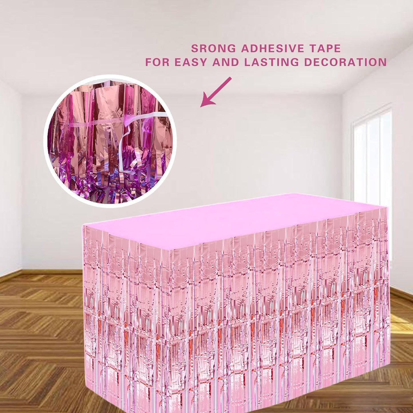 Pink Streamers Party Decorations, 2 Packs Pink Table Skirts Metallic Foil Fringe Tinsel for Birthday Bachelorette Girl Baby Shower Fiesta Float Parade Graduation Party Supplies -29x108Inch