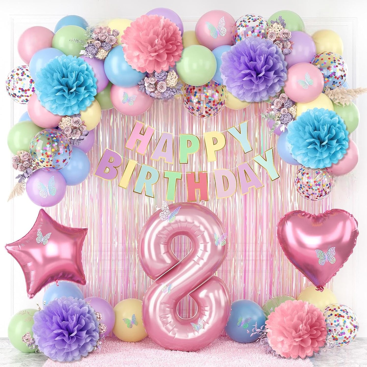 Pastel 8th Birthday Party Decorations for Girls Number 8 Balloon Happy Birthday Banner Butterfly Stickers Fringe Curtain Paper Pom Poms Macaron Pink Star Heart Foil Colorful Balloons 8 Year Old Decor