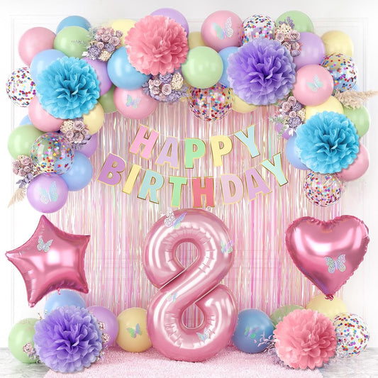 Pastel 8th Birthday Party Decorations for Girls Number 8 Balloon Happy Birthday Banner Butterfly Stickers Fringe Curtain Paper Pom Poms Macaron Pink Star Heart Foil Colorful Balloons 8 Year Old Decor