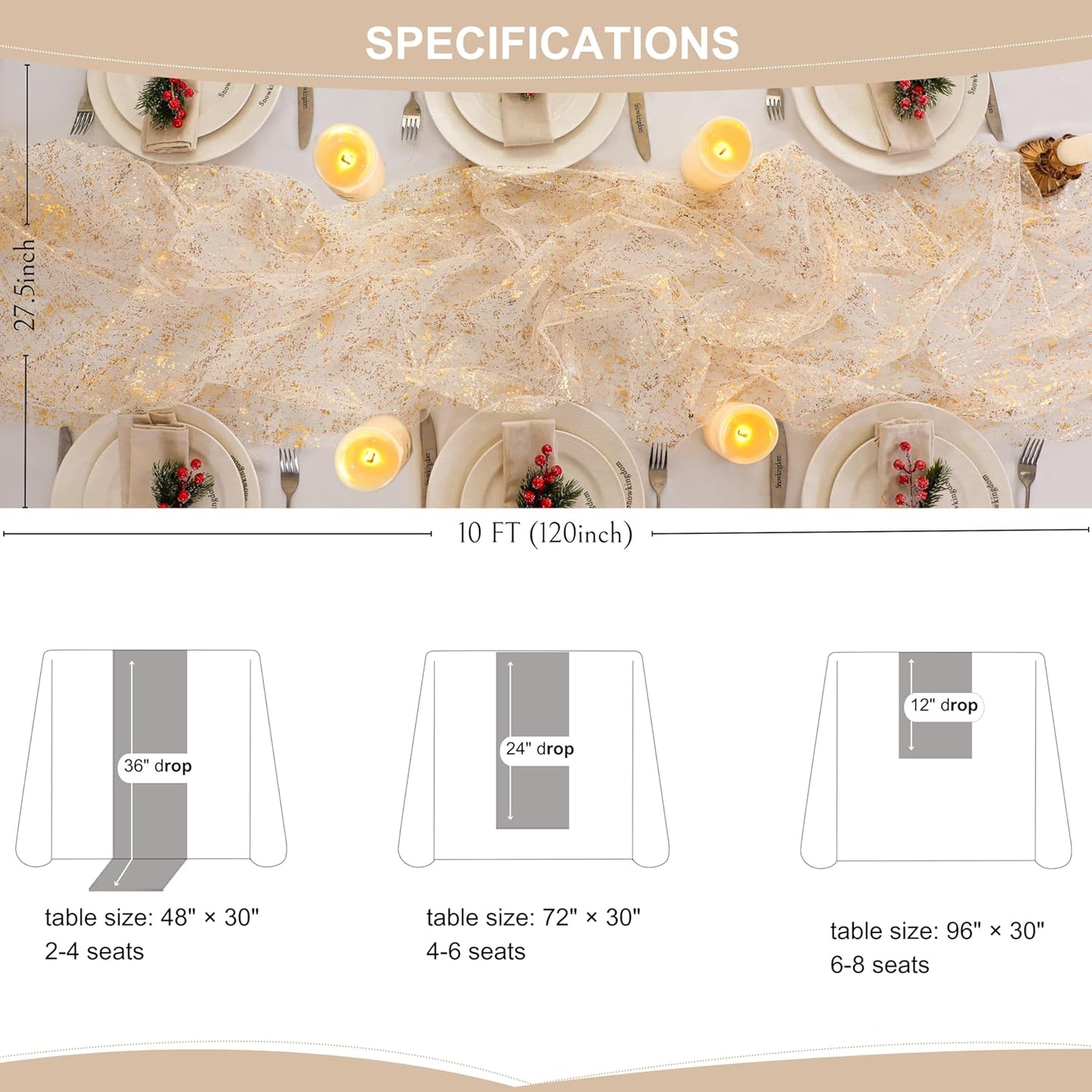 Snowkingdom 10 Ft Gold Table Runner, Sheer Chiffon Tulle Cheesecloth Golden Sequin Glitter Metallic Foil, Gold Party Table Decorations Centerpiece for Wedding Birthday Christmas Bridal Baby Shower