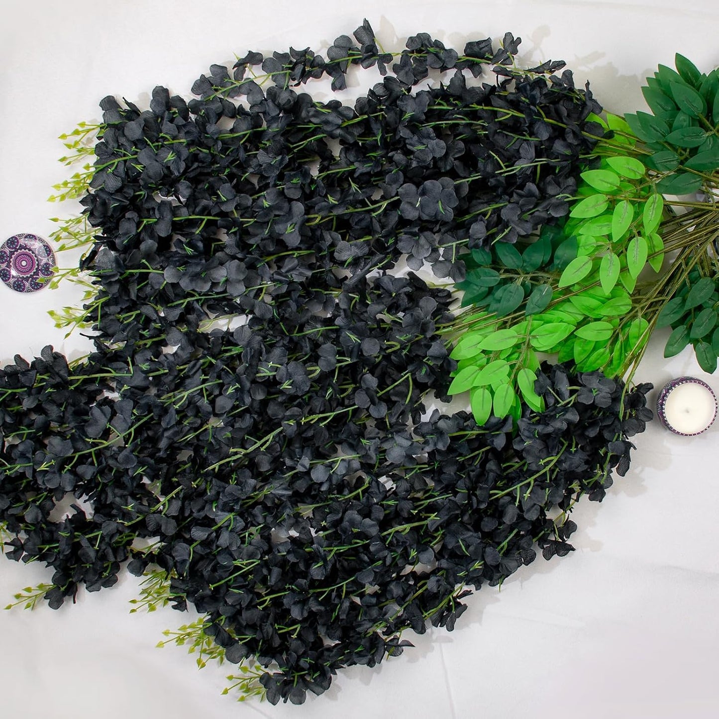 12 Pack Artificial Wisteria Hanging Flowers Fake Wisteria Flower Garland Silk Vines Rattan Decor for Home Wedding Arch Wall Garden Greenery Bedroom Outdoor Office Party Decoration (Black)