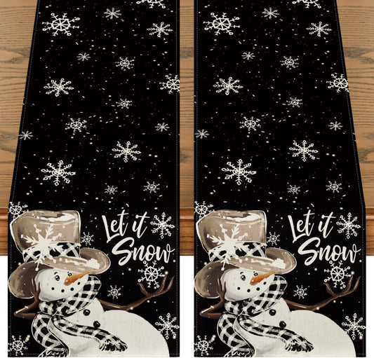 Artoid Mode Black Snowman Snowflake Let it Snow 2PCS Winter Table Runner, Christmas Kitchen Dining Table Decoration for Home Party Decor 13x72 Inch