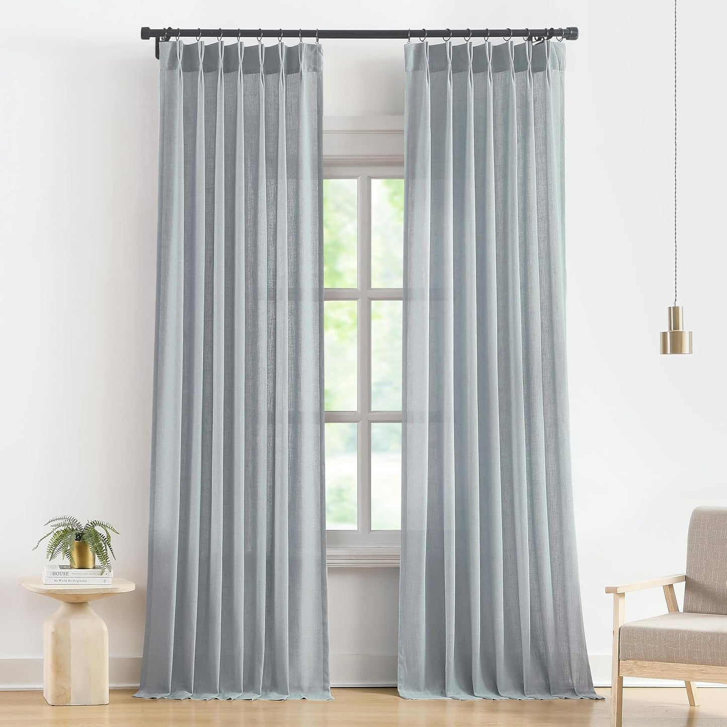 Vision Home Blue Fog Pinch Pleated Semi Sheer Curtains Textured Linen Blended Light Filtering Window Curtains 102 inch for Living Room Bedroom Pinch Pleat Drapes with Hooks 2 Panels 40" Wx102 L