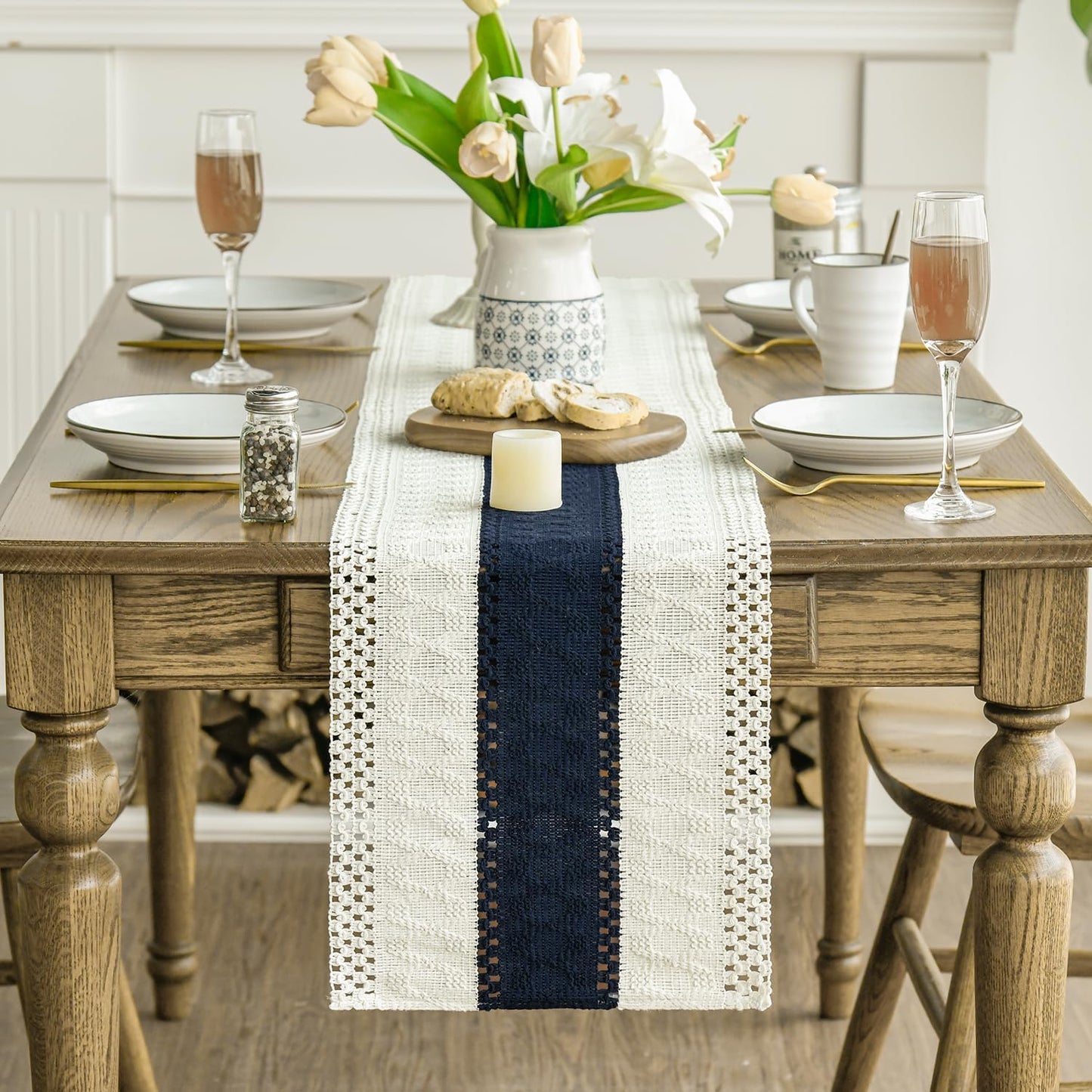 Artoid Mode Dark Blue Farmhouse Rustic Table Runner, Seasonal Holiday Hollow Kitchen Dining Table Decoration for Home Party Decor 12x90 Inch