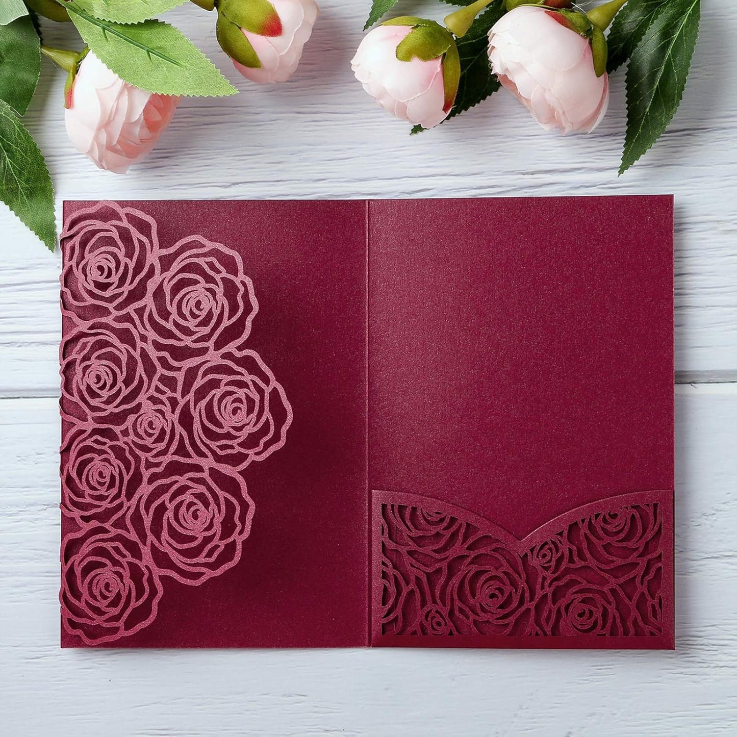 20 Pcs Laser Cut Wedding Invitations Card Pocket with Envelope for Birthday Party Baby or Bride Shower Invite suitable for 5 * 7 Inches Insert Paper (Burgundy)