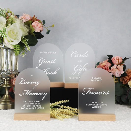 4pc Wedding Sign Set - Acrylic Guest Book Signs with Wood Stand, 5x7" Cards & Rustic Wedding Decor