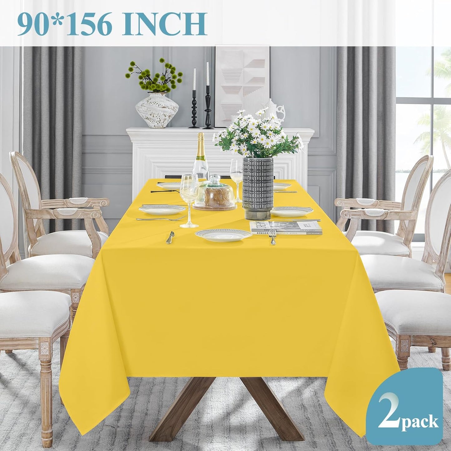 VidaFete Tablecloth 2 Pack 90 * 156inch Rectangle Table Cloth Polyester, Stain Wrinkle Resistant Polyester Dining Table Cover for Kitchen Dinning Party Wedding Rectangular Buffet Decoration(Yellow)
