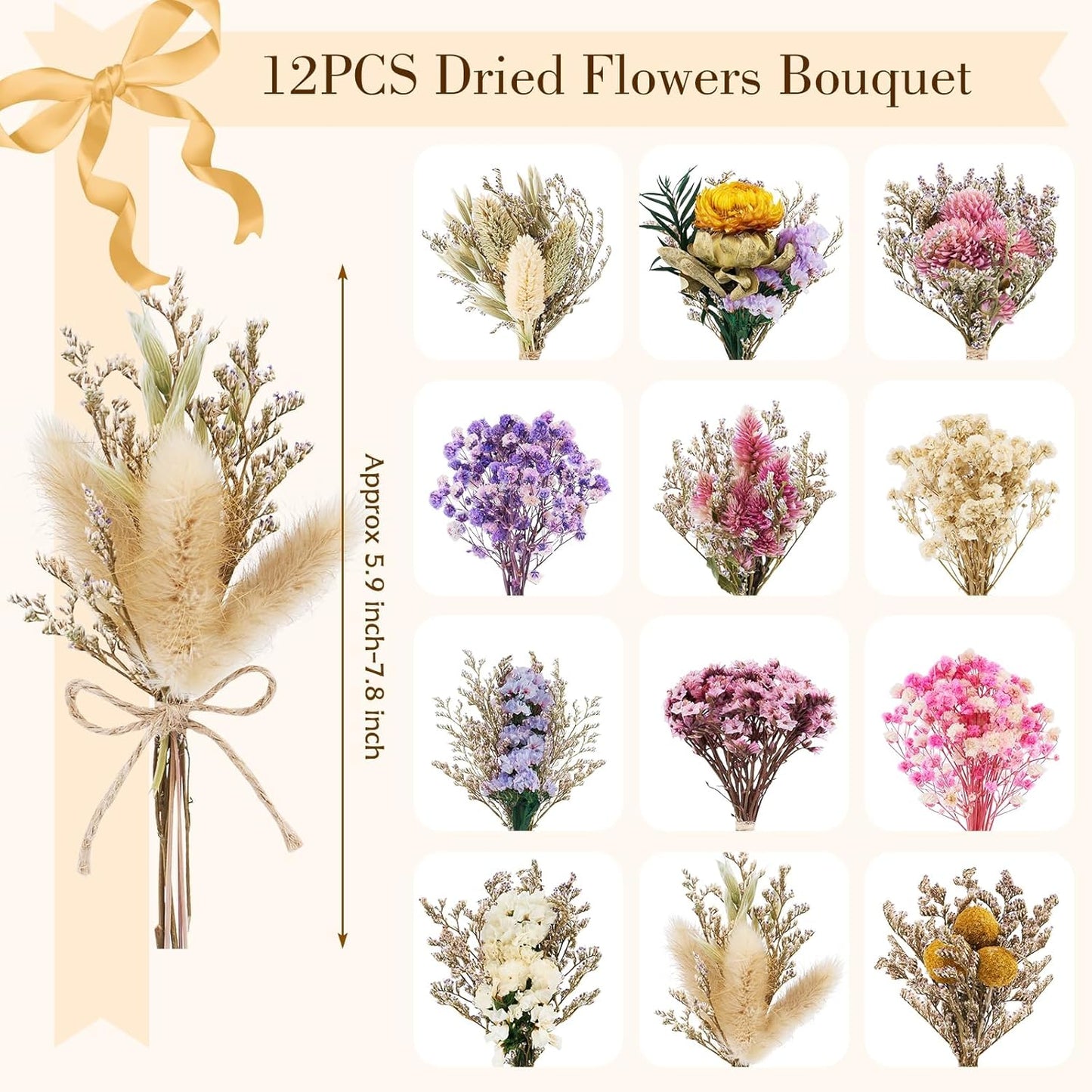 12/24 PCS Charming Dried Flowers Bouquet for Vase Various Dried Wildflowers with Stems Mini Handmade Wildflowers Natural Real Flowers Bulk Flowers Craft (Various Series, 24 PCS)