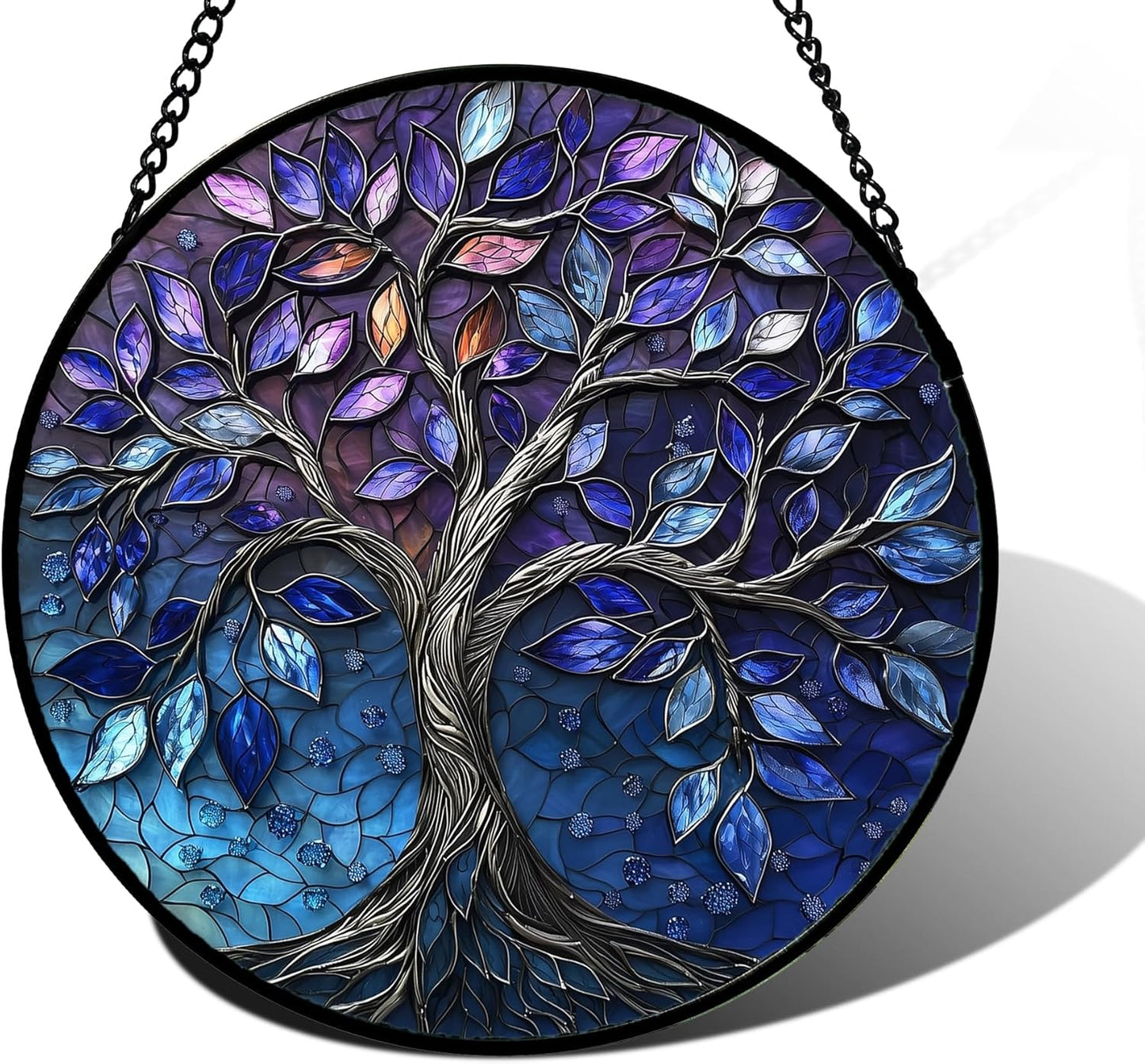 Stained Glass Window Hanging, Blue Purple Tree of Life Sun Catchers Colorful Glass Panel Plants Suncatcher Decor for Birthday for Women,Men,Wife, Lovers, and Mom 9.8 in