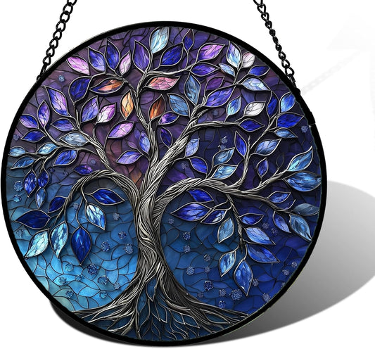 Stained Glass Window Hanging, Blue Purple Tree of Life Sun Catchers Colorful Glass Panel Plants Suncatcher Decor for Birthday for Women,Men,Wife, Lovers, and Mom 9.8 in