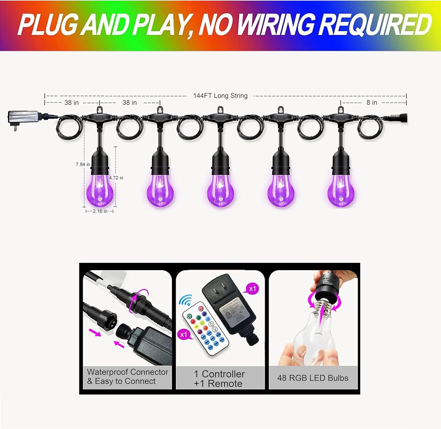 144FT Outdoor String Lights with 45 RGB Color Changing E26 Bulbs - Dimmable Shatterproof Edison Patio Lights for Backyard,Solar Commercial LED Lighting with Remote Control.