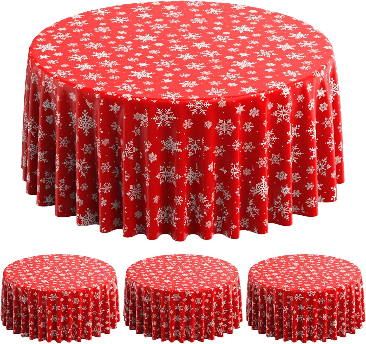 3 Pieces Christmas Snowflake Plastic Party Tablecloth Decorations, Disposable White Snowflake Red Xmas Round Table Cover Backdrop for Winter Christmas Holiday New Year Party Supplies,84 inch (Red)