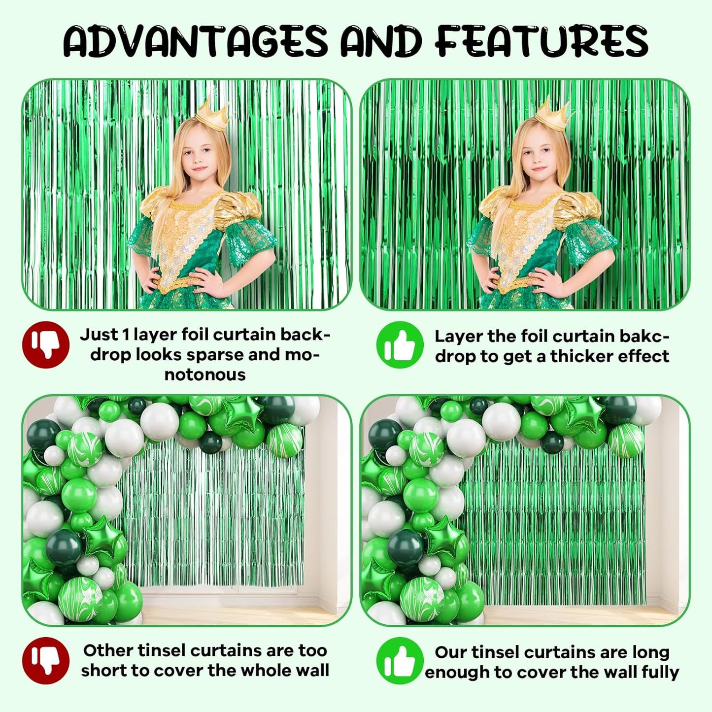 2 Pack Green Foil Fringe Backdrop Curtains, Tinsel Streamers Birthday Party Decorations, Fringe Backdrop for Graduation, Baby Shower, Gender Reveal, Disco Party