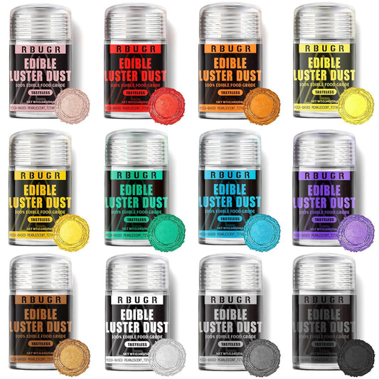 RBUGR Luster Dust Edible, 12 Colors Edible Glitter Pack, Cocktail Food Glitter Edible Dust, Vegan Edible Shimmer, Drink Powder for Cakes Cookies Chocolates Baking（4g/0.14oz）