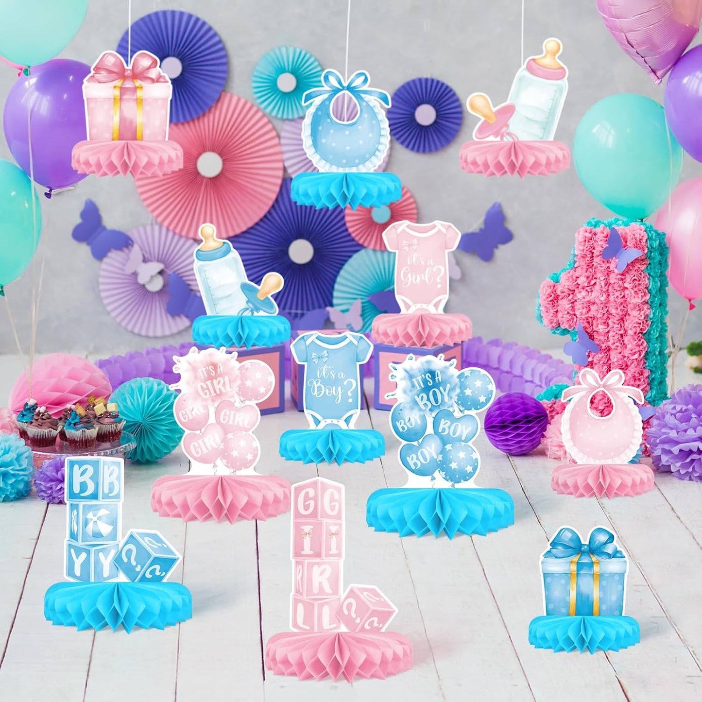 Gender Reveal Decoration Set - Includes Baby Reveal Table Decorations with Honeycomb Centerpiece for Boy or Girl Baby Shower Party Decoration