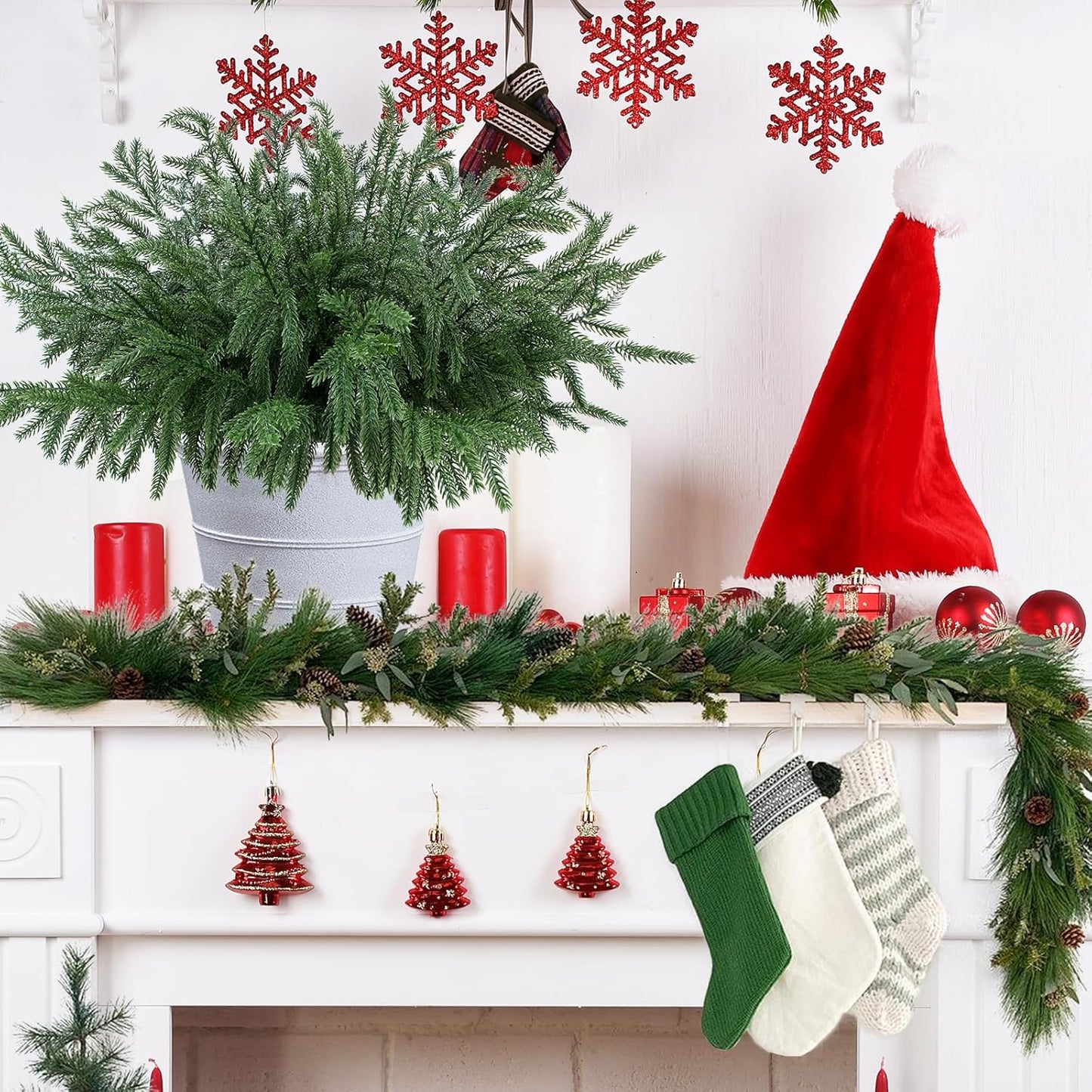 24 Pcs Christmas Norfolk Pine Branches, Artificial Pine Christmas Stems Real Touch Faux Greenery Pine Picks for Vase DIY Garland Wreath Home Indoor Outdoor Decoration