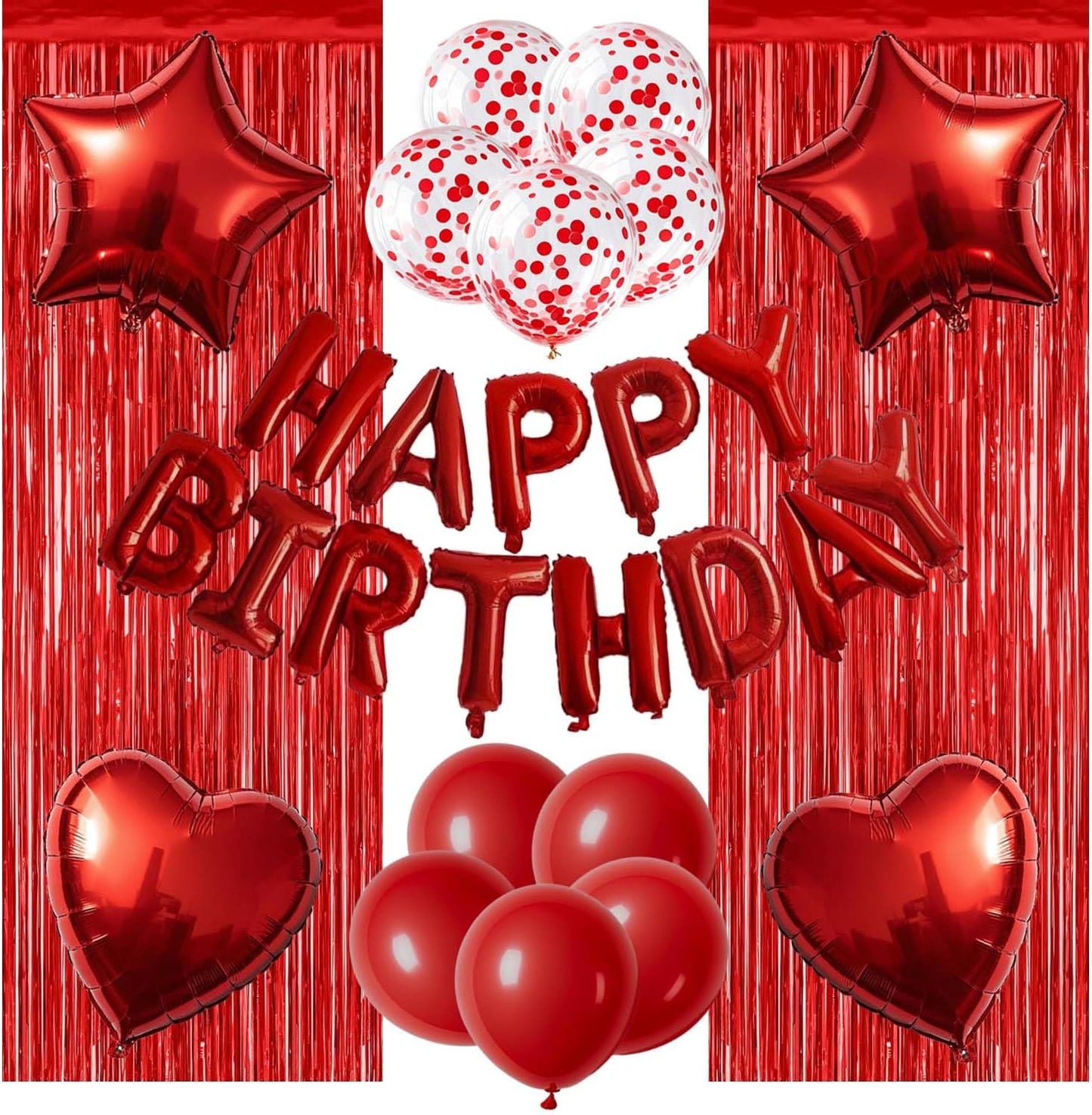 29 Pcs Red Birthday Party Decorations - Happy Birthday Balloons Banner Red, Heart & Star Foil Balloons, Confetti & Latex Balloons, Foil Fringe Curtains Party Supplies for Women