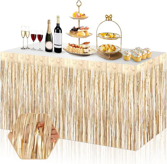 3 Pack 29x108 Inch Champagne Gold Foil Fringe Table Skirts Metallic Banner for Tinsel Streamer Garland Backdrop for Parade Floats Wedding Thanksgiving Birthday Christmas Halloween Party Decoration