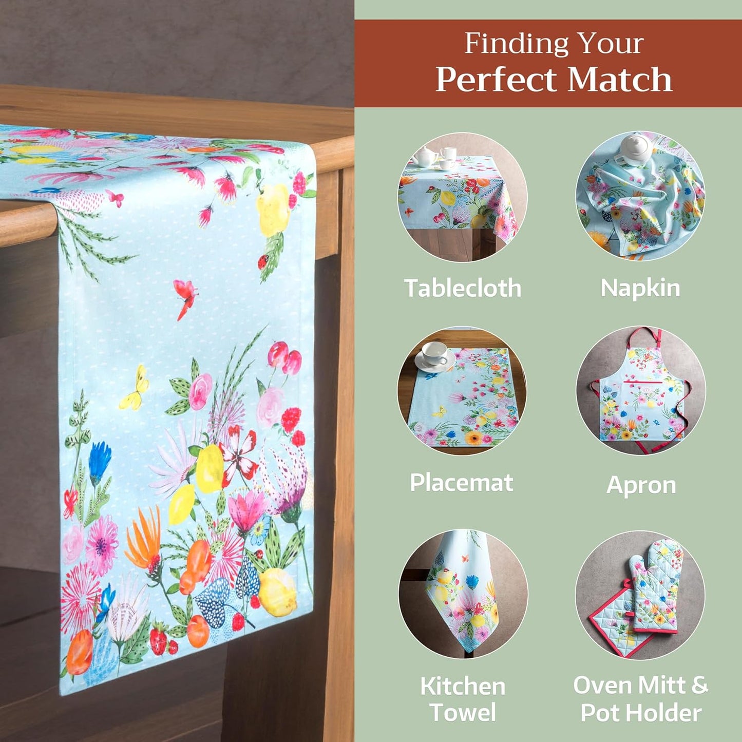 Maison d' Hermine Table Runner 100% Cotton Single Layer Table Runners 108 inches Long Decorative for Home Kitchen Dining Party Wedding Bridal Shower Spring Summer (Jardin D'Ete - Mint, 14.50" x 108")