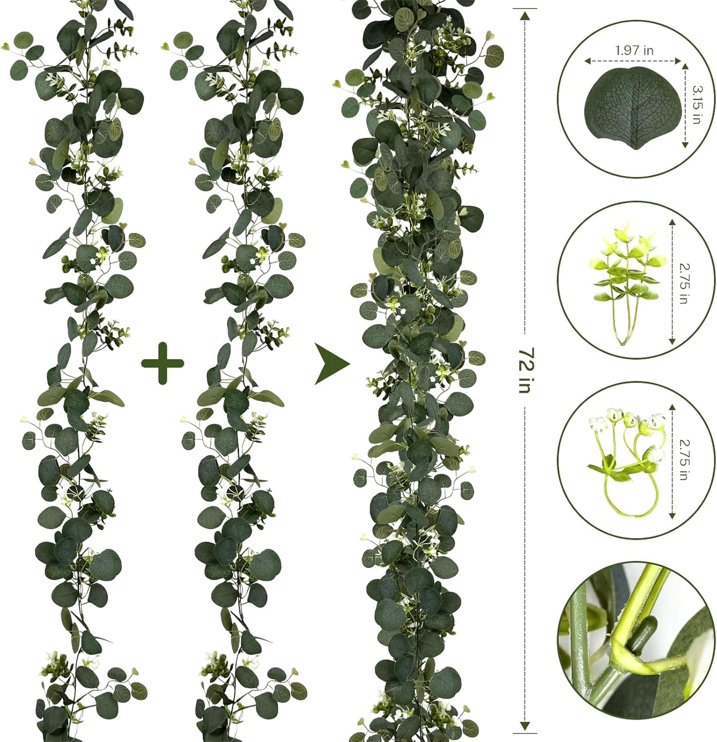 Eucalyptus Garland, 2 Packs 6FTGreen Flower Garland Decor, Artificial Faux Eucalyptus Leaves Greenery Vines for Table Runner Wedding Bedroom Mantle Centerpieces Backdrop Decorations