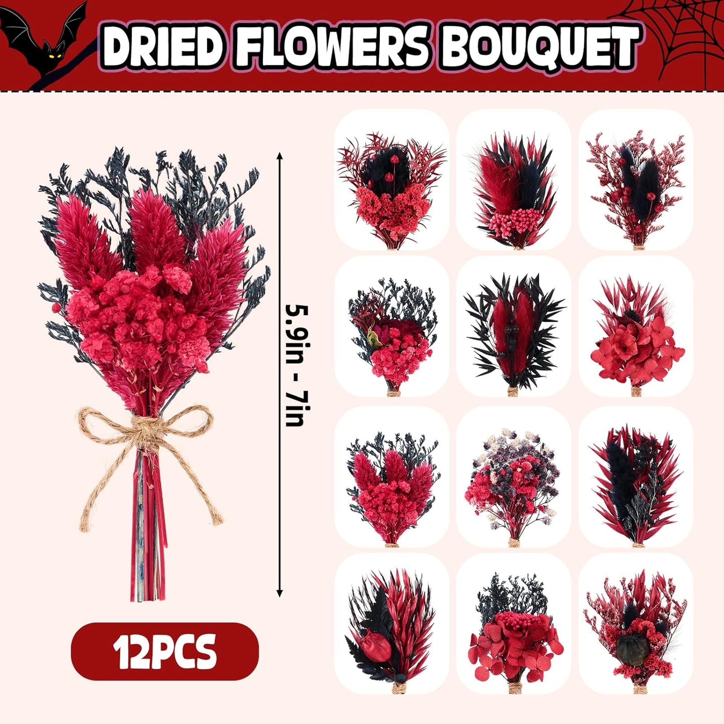 12/24 PCS Charming Dried Flowers Bouquet for Vase Various Dried Wildflowers with Stems Mini Handmade Wildflowers Natural Real Flowers Bulk Flowers Craft (Black and Red, 12PCS)