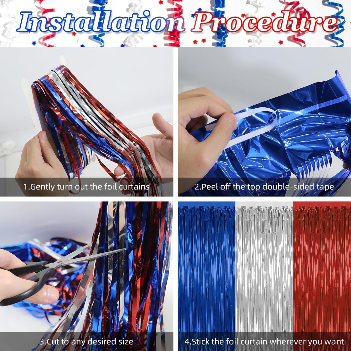 4 Pack 4th of July Party Supplies,3.28 Ft x 6.56 Ft 4th of July Tinsel Backdrop,Blue Silver Red Color Fringe Curtains Streamer Backdrop,4th of July Photo Backdrop Party Decorations