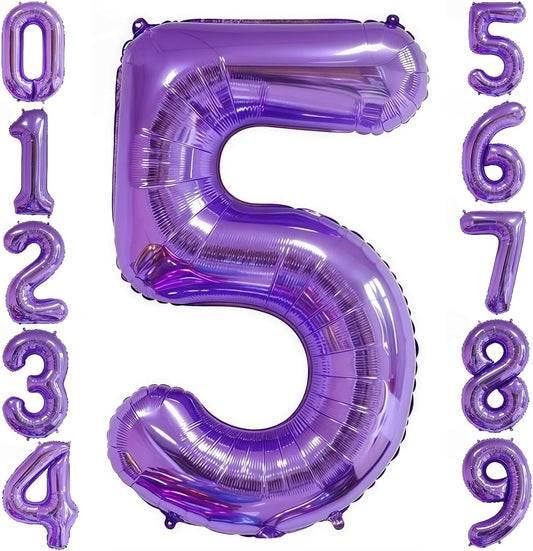 Purple 5 Balloon Number,40 Inch Number 5 Balloon Big Purple 5 Foil Mylar Helium Balloon for Birthday Party Decorations