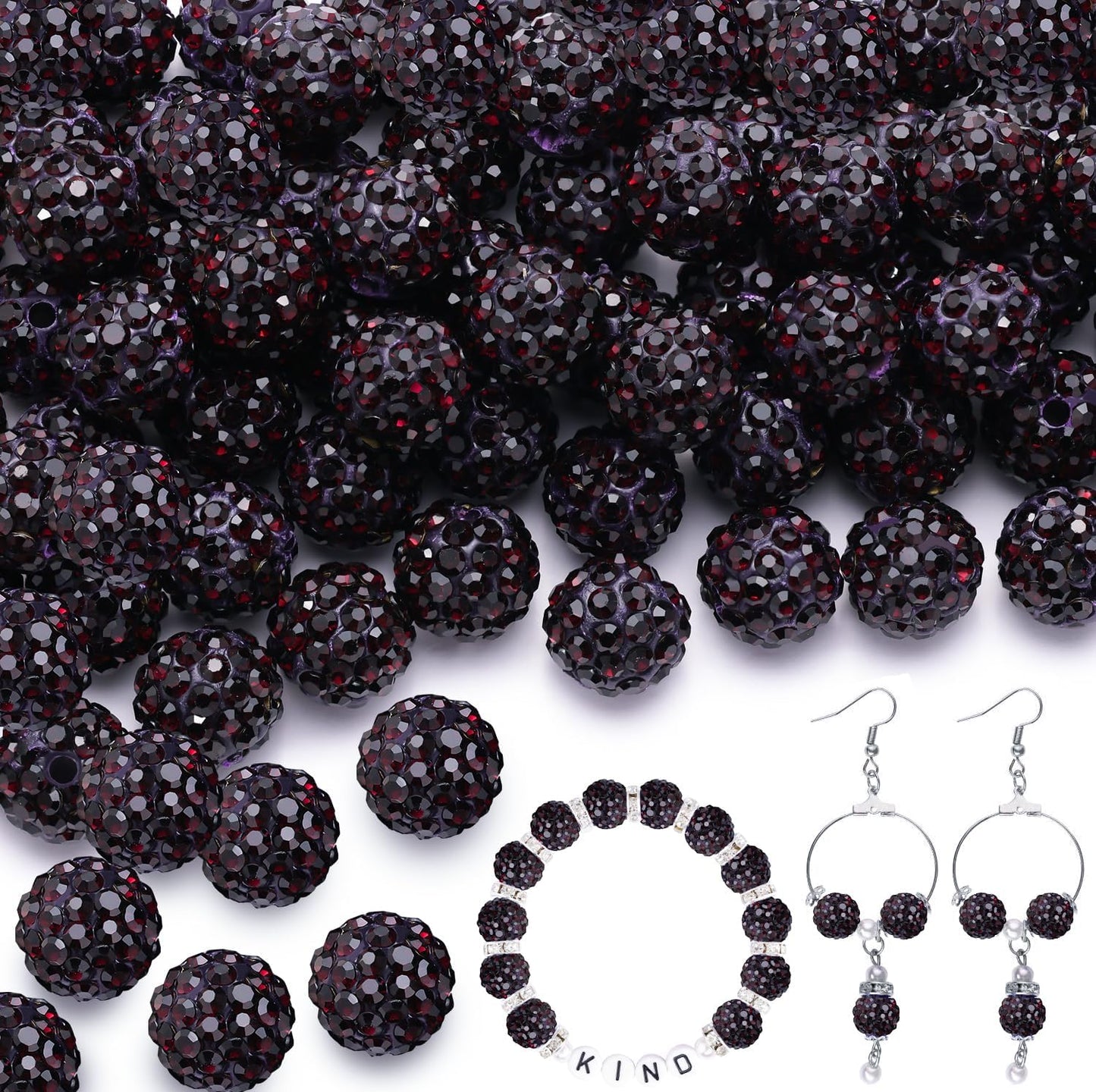 100pcs 10mm Rhinestone Beads for Jewelry Making, Dark Purple Shiny Round Shamballa Disco Beads Bulk, Sparkle Crystal Clay Christmas for Bracelet Baseball Necklace Earring Crafting and DIY