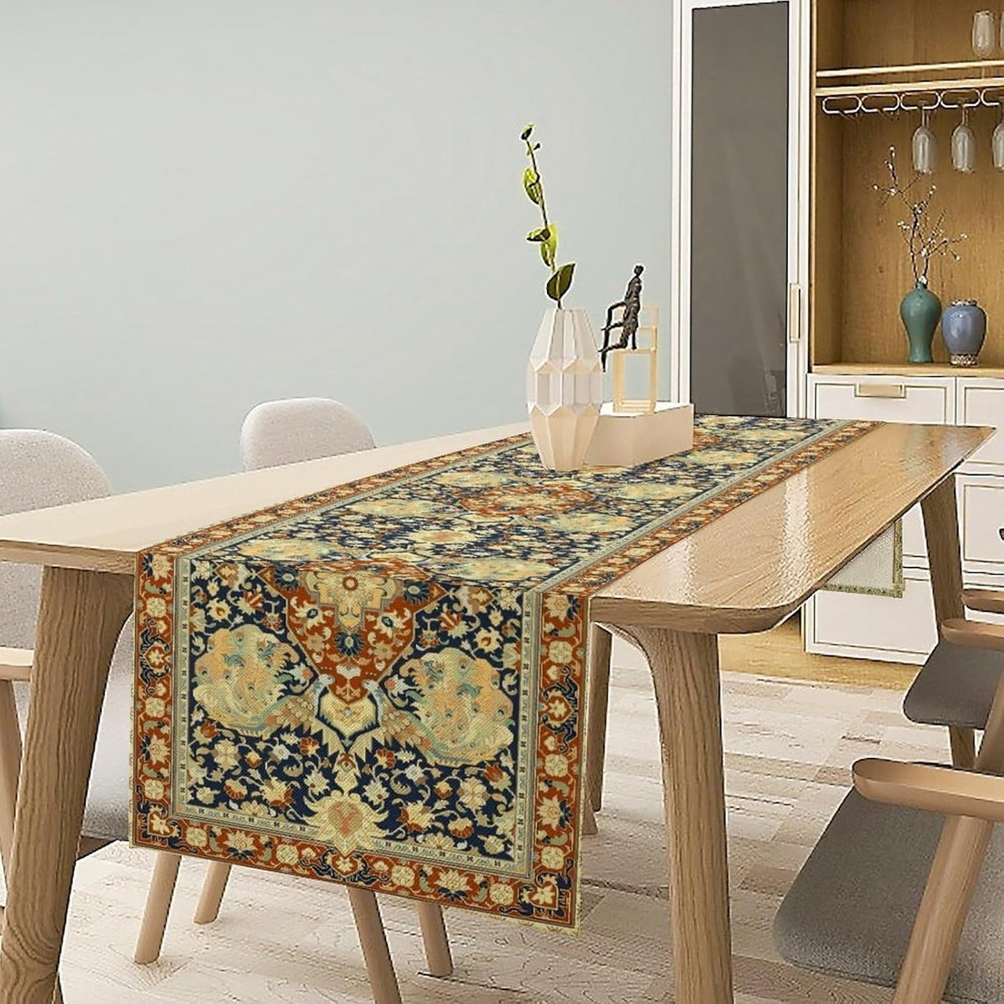 Vintage Boho Floral Table Runner, Elegant Luxurious Rustic Country Farmhouse Navy Blue Gold Retro Flower Pattern for Home Kitchen Table Decor Dining Coffee Room Party Decor 13x120in