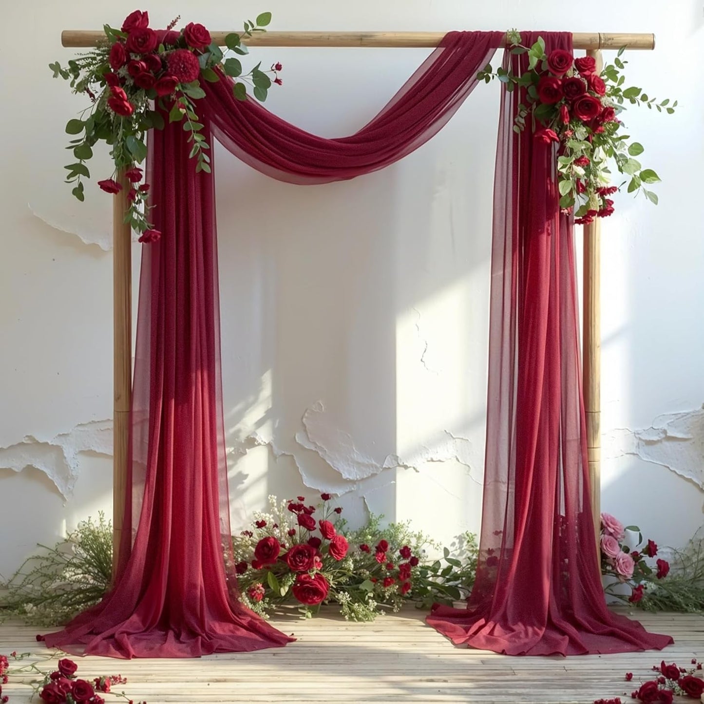 PARTISKY Wedding Arch Draping Fabric, 2 Panels Burgundy Sheer Backdrop Curtain Tulle Fabric Drapery for Arbor Wedding Archway Ceremony Party Ceiling Decor Backdrop