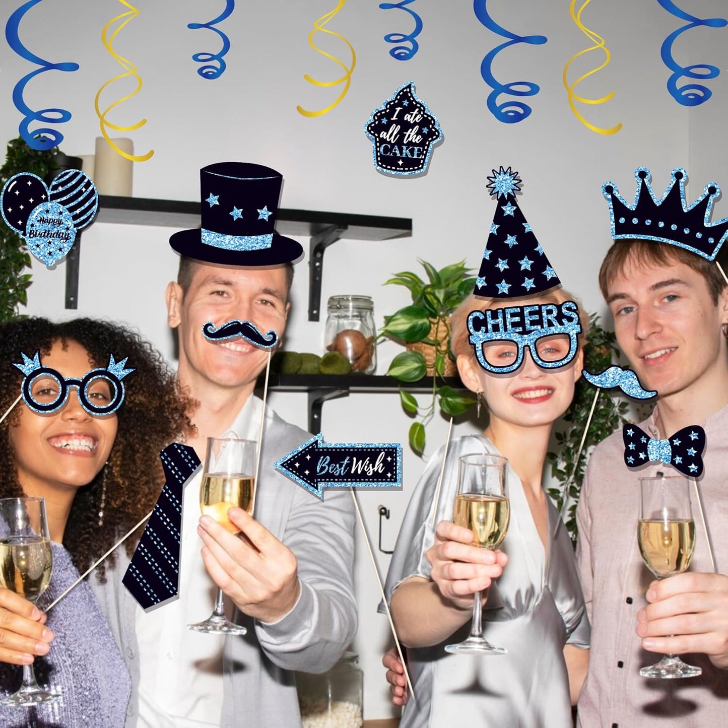 36 PCS Birthday Photo Booth Props Party Supplies Holiday Picture Decorations Photo Booth Props for Birthday Party Favors Pose Sign Kit Fun for Party (Black and Blue)