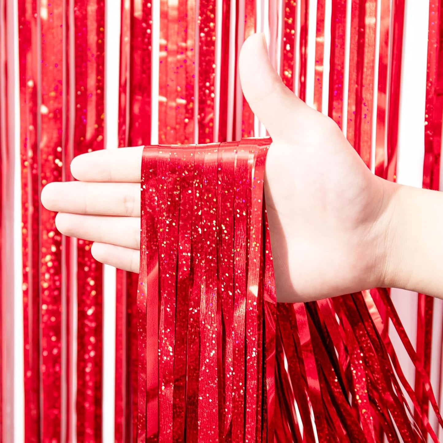 2 Pack Red Tinsel Foil Fringe Curtains, Red Party Decorations, Metallic Tinsel Party Streamers Backdrop for Birthday Casino Christmas Graduation Carnival Valentine's Party Decorations