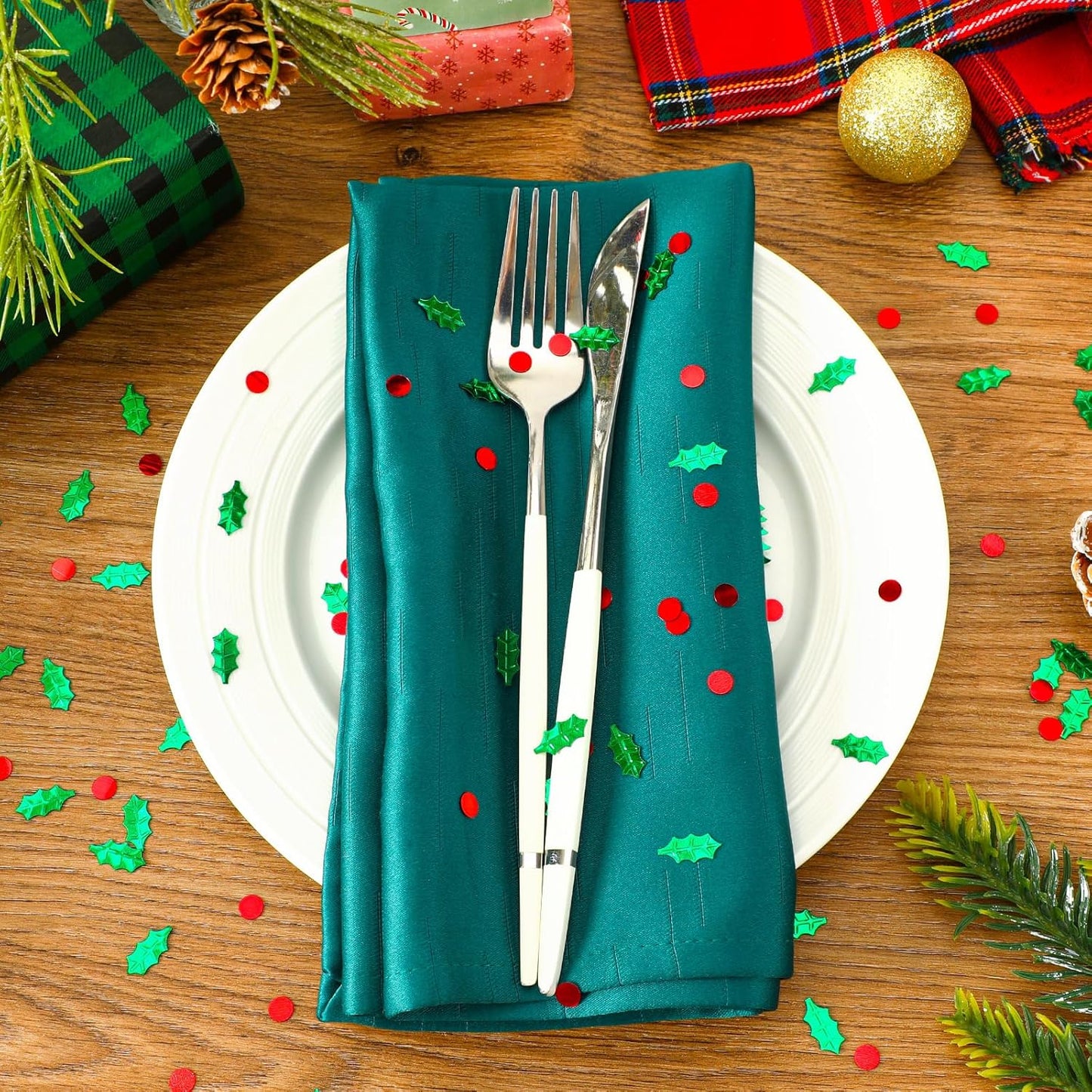 MARFOREVER Christmas Glitter Confetti, Red Green Xmas Holly Berries Confetti Christmas Metallic Foil Botanical Sequins Holly Leaves Scatter Sprinkles Table Decorations for Xmas Party Supplies