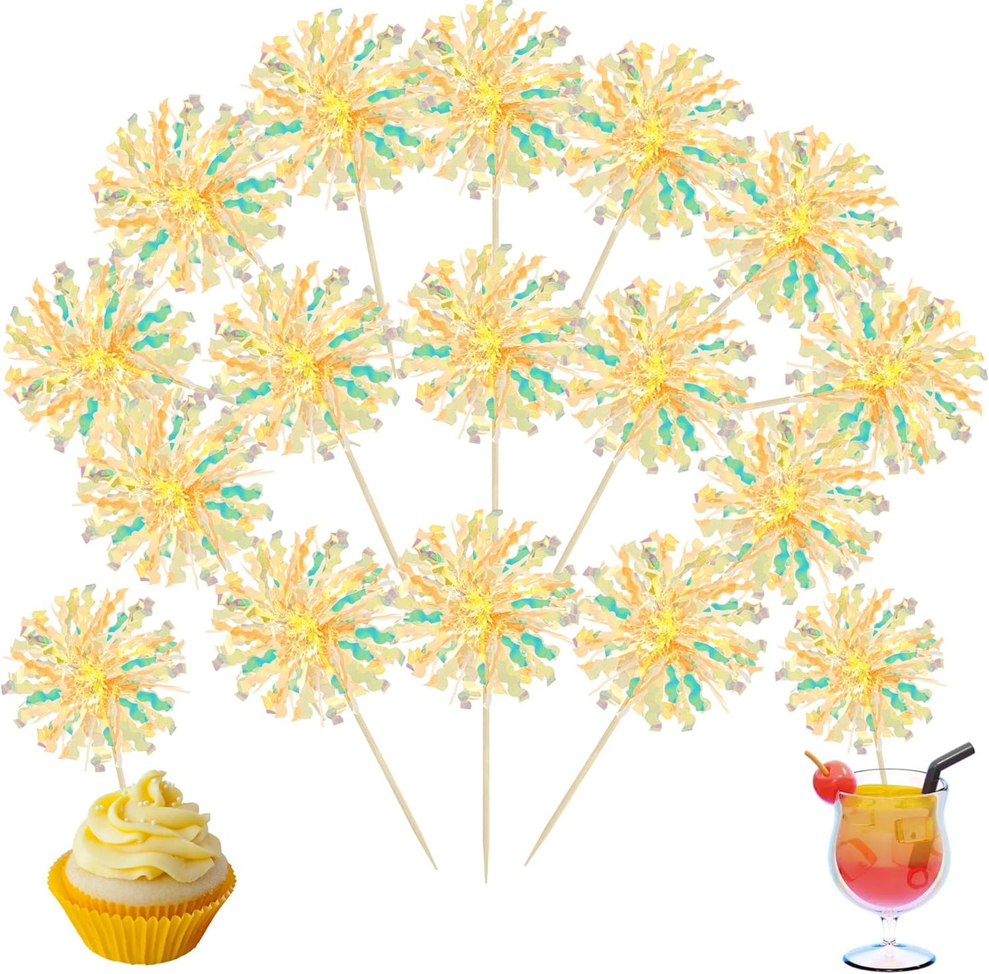 Ephlyn 30Pcs Foil Firework Cupcake Toppers Sparkle Tinsel Drink Birthday Cake Decorations Cocktail Food Fruit Toothpick for New Years Wedding Birthday Party Decorations Yellow