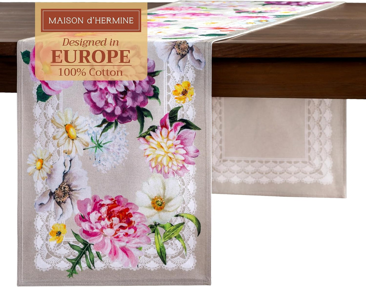 Maison d' Hermine Table Runner 100% Cotton Double Layer Table Runners 108 inches Long Decorative for Home Kitchen Dining Party Baby Shower Wedding Bridal Shower Spring Summer (Pivoine, 14.50" x 108")
