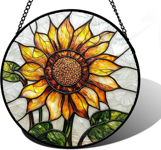 Stained Glass Window Hanging - Sunflower Flower Suncatcher Ready to Hang Window Doors Home Decoration and Christmas, Mother's Day Birthday Gifts for Women, Men, and Mom 11.8x11.8 in
