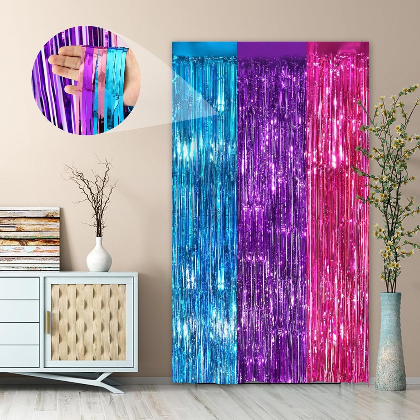 Rainbow Fringe Curtain Party Streamers 2Pack 3.3x8.3 Ft Foil Fringe Backdrop Curtains for Birthday Wedding Bridal Baby Shower Holiday Tinsel Streamers Rainbow Party Decorations Door Streamer