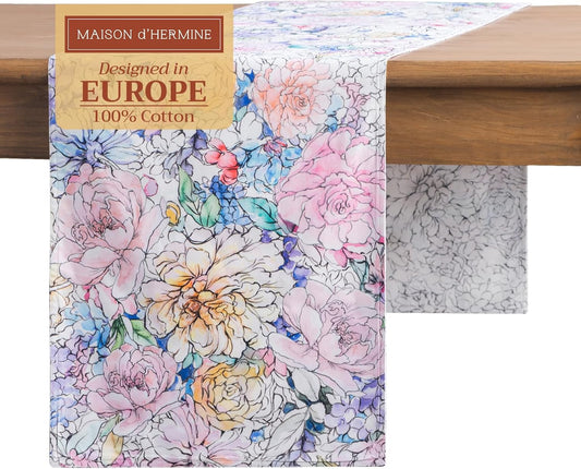 Maison d' Hermine Table Runner 100% Cotton Double Layer Table Runners 108 inches Long Decorative for Home Kitchen Dining Party Wedding Bridal Shower Spring Summer (Floral Love, 14.50" x 108")