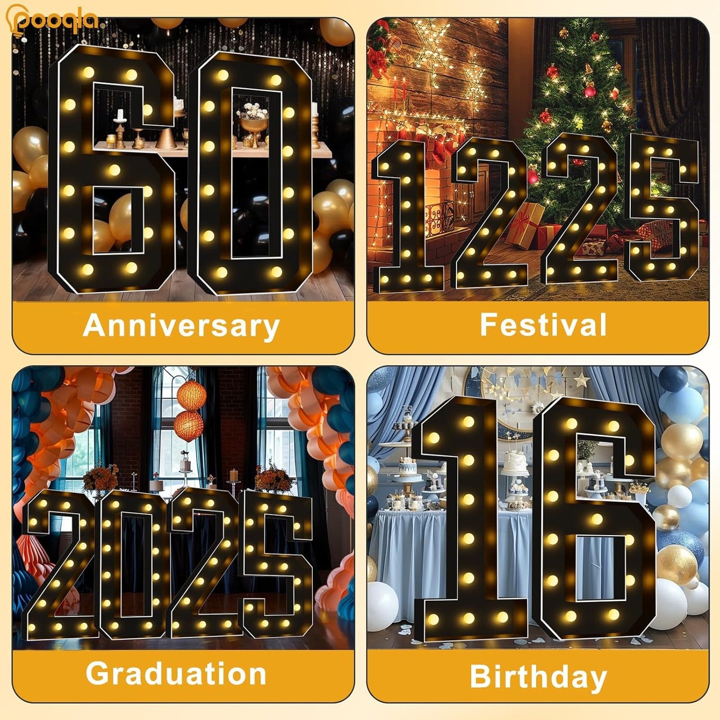Pooqla 4 FT Light Up Marquee Numbers, Black Big Mosaic Numbers 4 Feet Tall for 2nd 12th 21st Birthday, Giant Marquee Number Lights for Balloons Party Anniversary Wedding Decorations, Warm White 2