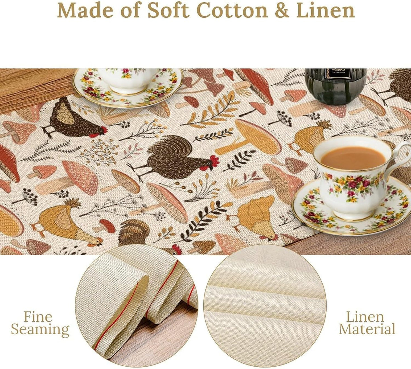 Mushroom Table Runner,Retro Natural Plant Famhouse Table Runner for Kitchen Dining Table Home Party Decoration 13x60 Inch