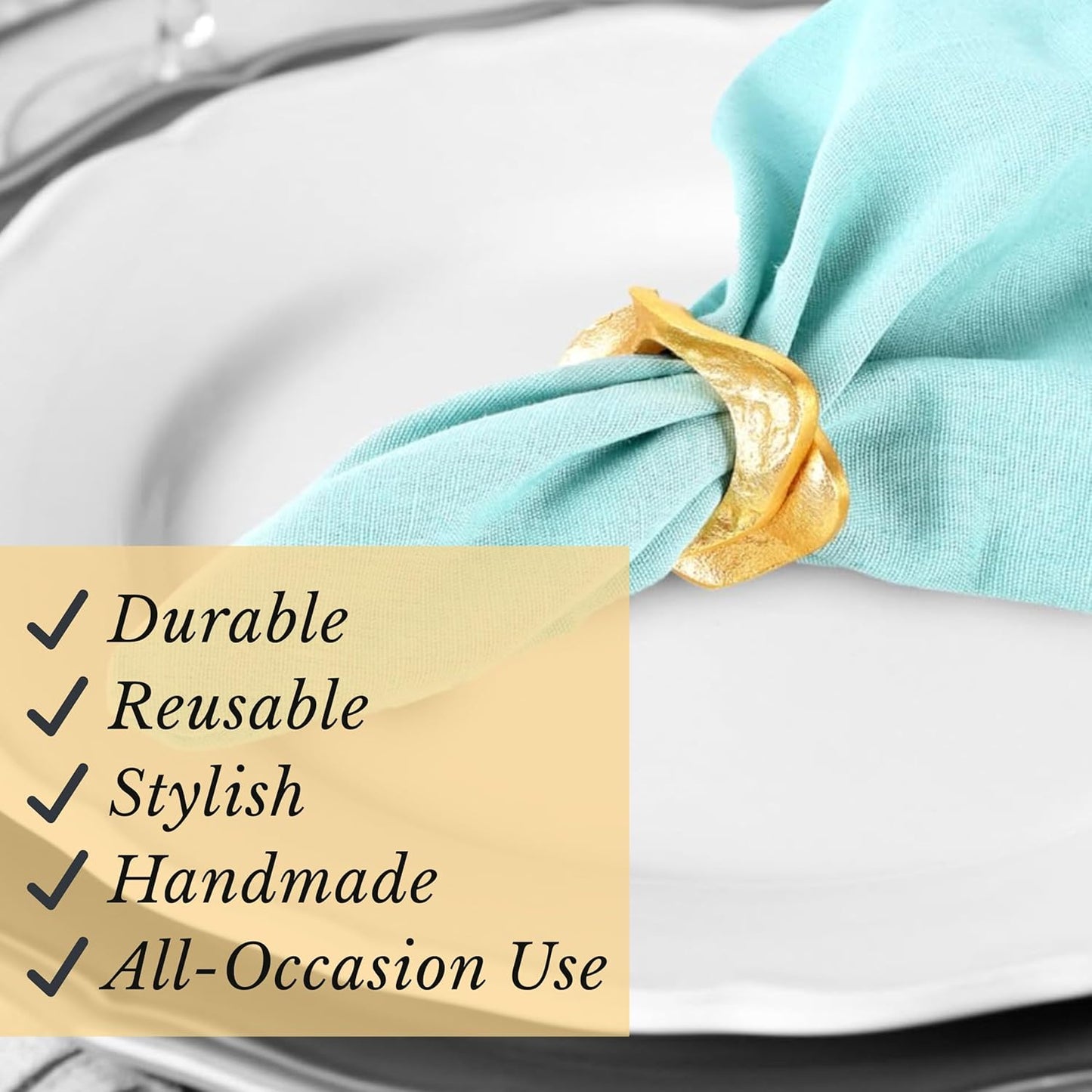 Golden Napkin Rings Set of 8 - Metal Lightweight Napkin Holders for Cloth Napkins Elegant Table Decor for Weddings, Dinners & Special Occasions-Durable & Reusable Serviette Rings - ALPHA Living HOME
