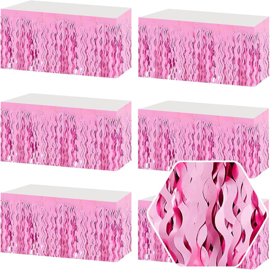 6 Pack 29 x108 Inch Pink Wave Foil Fringe Table Skirts Metallic Banner for Tinsel Streamer Garland Backdrop for Parade Floats, Mother's Day, Easter, Wedding, Birthday Party Decoration
