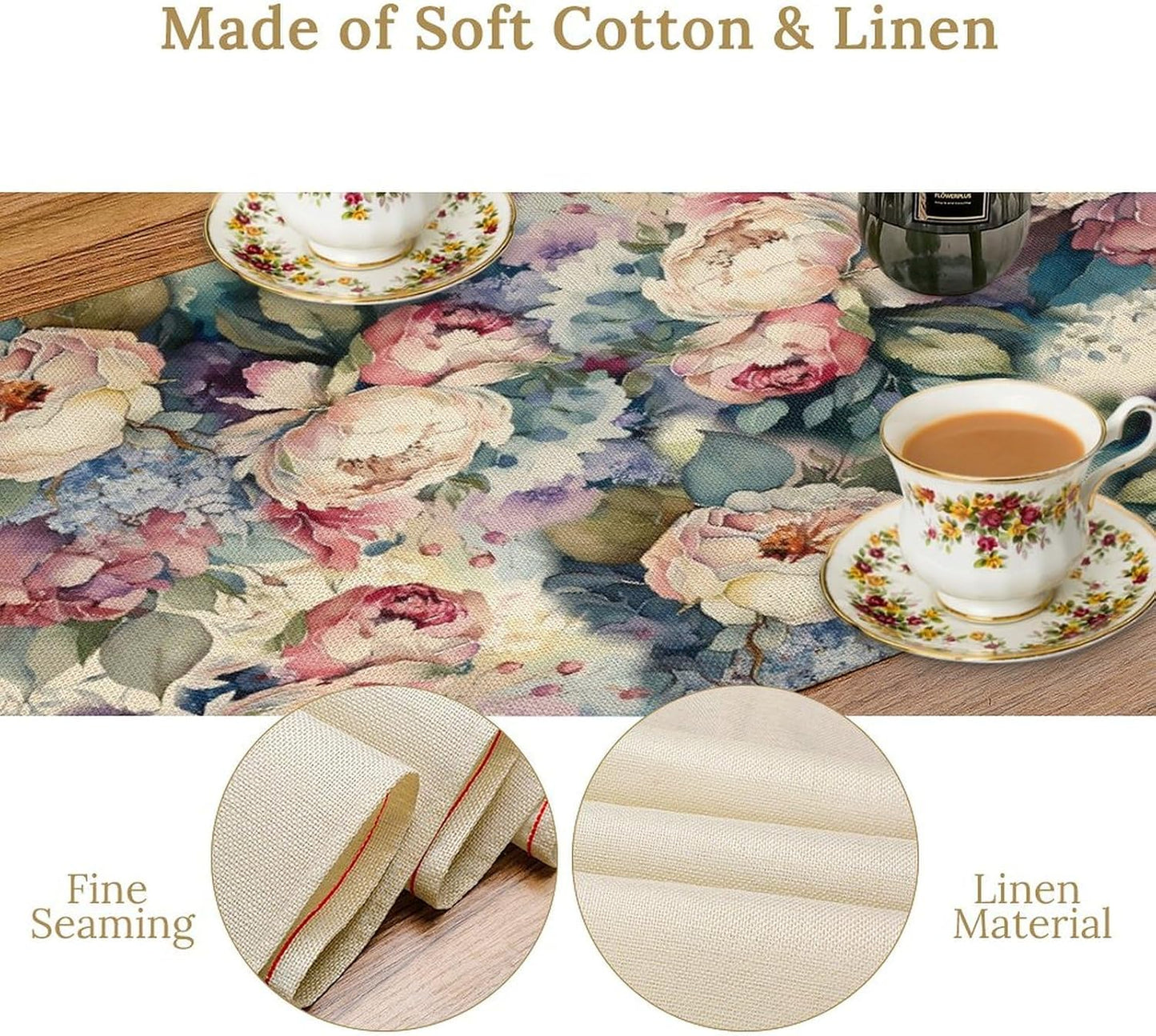 Vintage Floral Table Runner,Girls Women Rose Romantic Leaf Botanical Watercolor Pattern Print Burlap for Hotel Indoors Outdoor Dining Room Kitchen Holiday Party, 13x36in