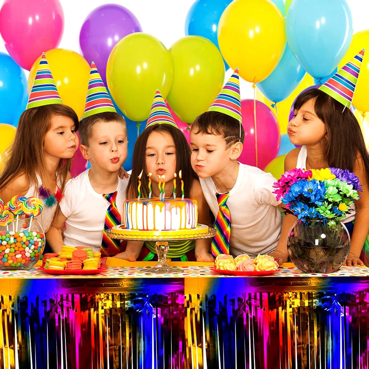 4 Pack 29x108 Inch Metallic Foil Fringe Tinsel Table Skirts for Rectangle Tables Streamer Backdrop for Wedding, Birthday, Parade Floats, Christmas, Halloween Party Decoration(Rainbow)